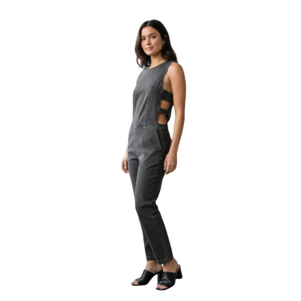 Free People Jumpsuit Womens 0‎ Washed Black Denim Cutout Side Strap Back Zip